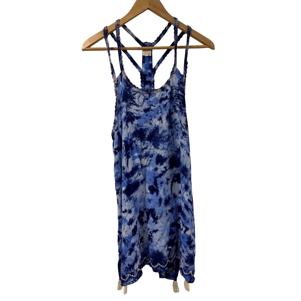 Surf Gypsy Mini Dress Blue Tassels Embroidered Medium 100% Rayon Boho Summer